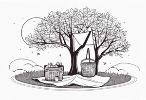 super minimalstic picnic scene. A blanket, picnic-basket with lid, pennants in two trees. Thin lines. tattoo idea