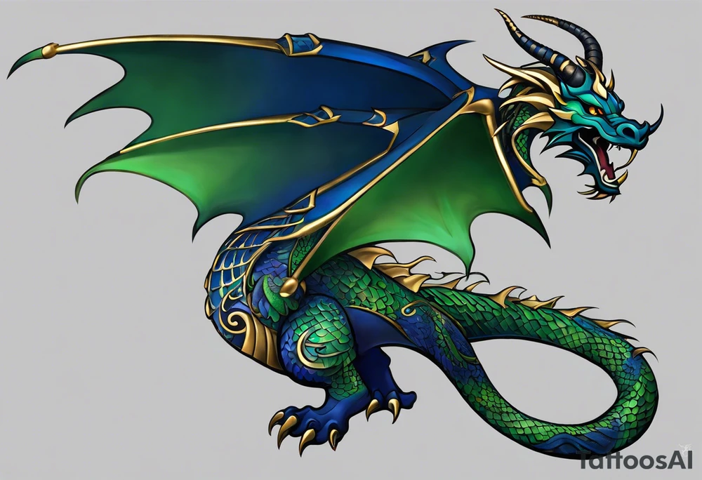 Tribal Tattoo: An epic with no wings, floating. Its long body coiling dynamically, with scales and horns detailed to create a sense of movement and strength. The dragon's main color is midnight blue but features little accents in green, blue, and gold, giving a vibrant depth and a mystical aura. This tattoo highlights the dragon’s fierce expression and sharp claws as it wraps protectively around the leg. Style: Tribal tattoo idea