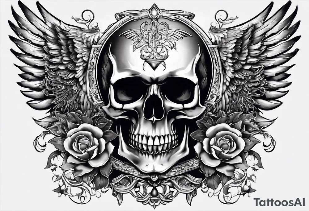 In the center is a half skull pierced by a large sword. On either side of the skull, there are spread angel wings, Beneath the skull is a ribbon tattoo idea