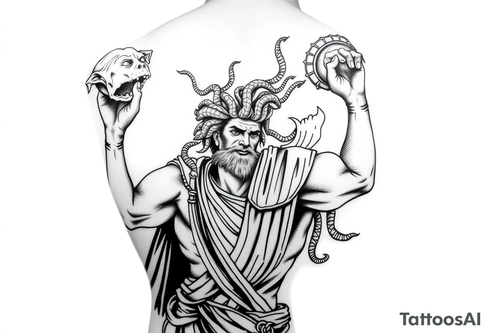 Perseus the Greek hero, holding Medusa’s severed head in victory, black and white and a part of a leg sleeve. Medusa the Greek monster with snakes as hair and Perseus should be in Greek armor. tattoo idea