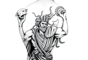 Perseus the Greek hero, holding Medusa’s severed head in victory, black and white and a part of a leg sleeve. Medusa the Greek monster with snakes as hair and Perseus should be in Greek armor. tattoo idea