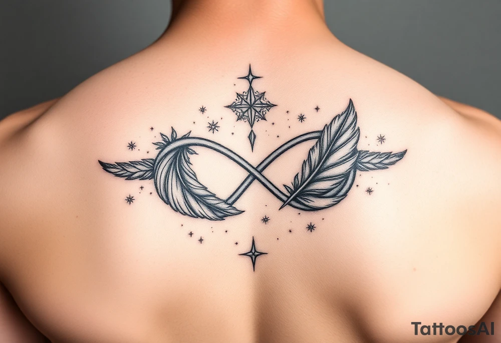 infinity symbol woven with floating feathers and stardust tattoo idea