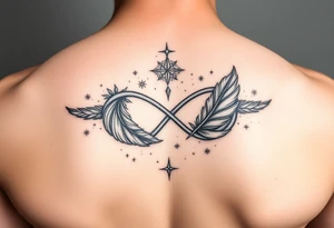 infinity symbol woven with floating feathers and stardust tattoo idea