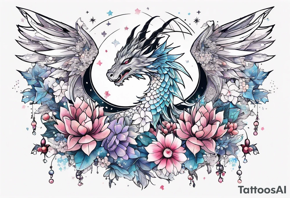 Constellation, wing , snow , cross , dragon female japan kawaii , flower tattoo idea
