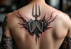 skeleton behind trident coming out of skin effect tattoo idea