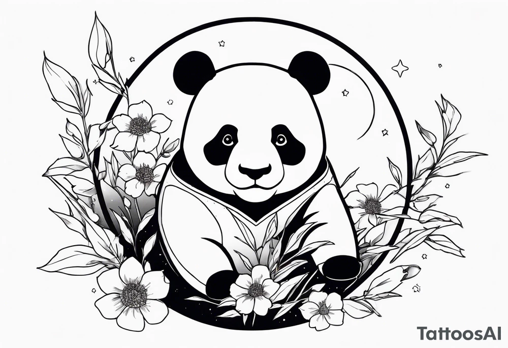 Panda shaped gundam, flying over moon, falling flowers, line art tattoo idea
