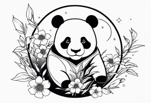 Panda shaped gundam, flying over moon, falling flowers, line art tattoo idea