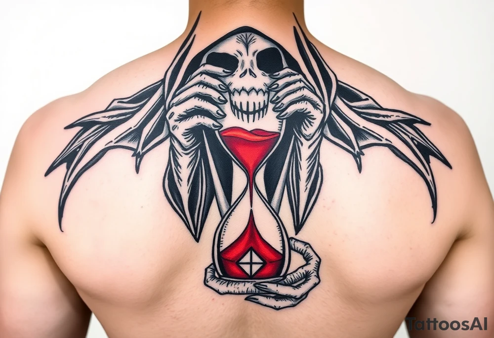 Simple grim reaper holding a hourglass with red sand and diamond like geometric shapes tattoo idea