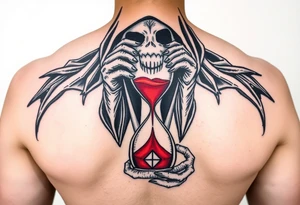 Simple grim reaper holding a hourglass with red sand and diamond like geometric shapes tattoo idea