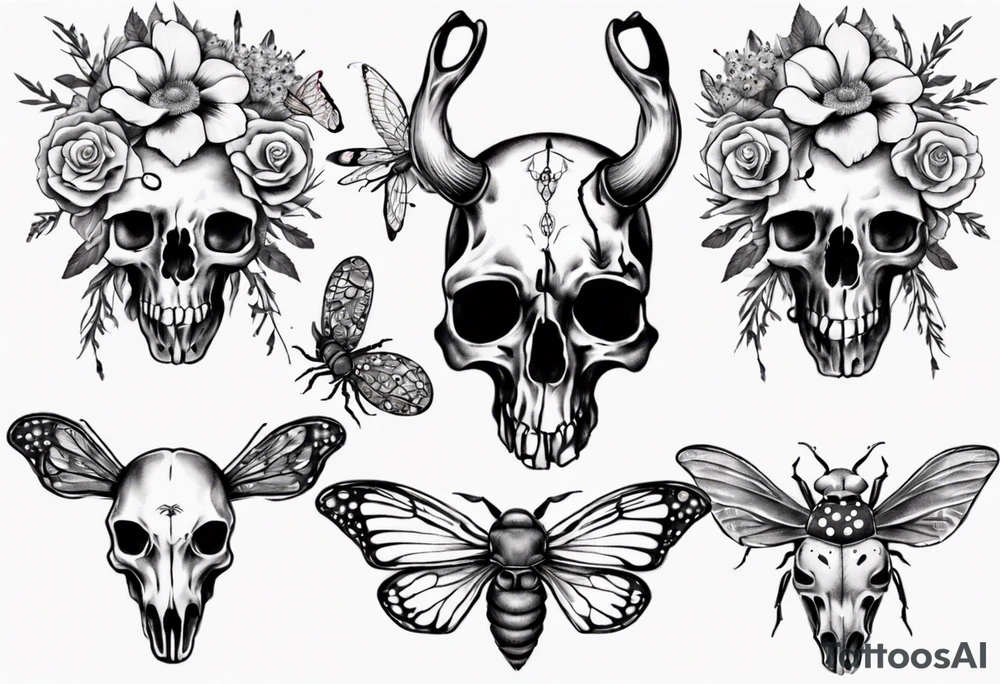 Animal skull with flowers and bugs around it tattoo idea