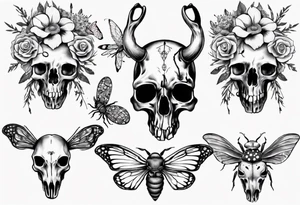 Animal skull with flowers and bugs around it tattoo idea