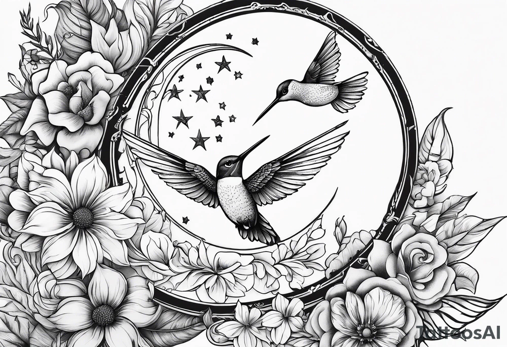 Floral sun and moon with hummingbird tattoo idea