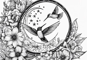 Floral sun and moon with hummingbird tattoo idea