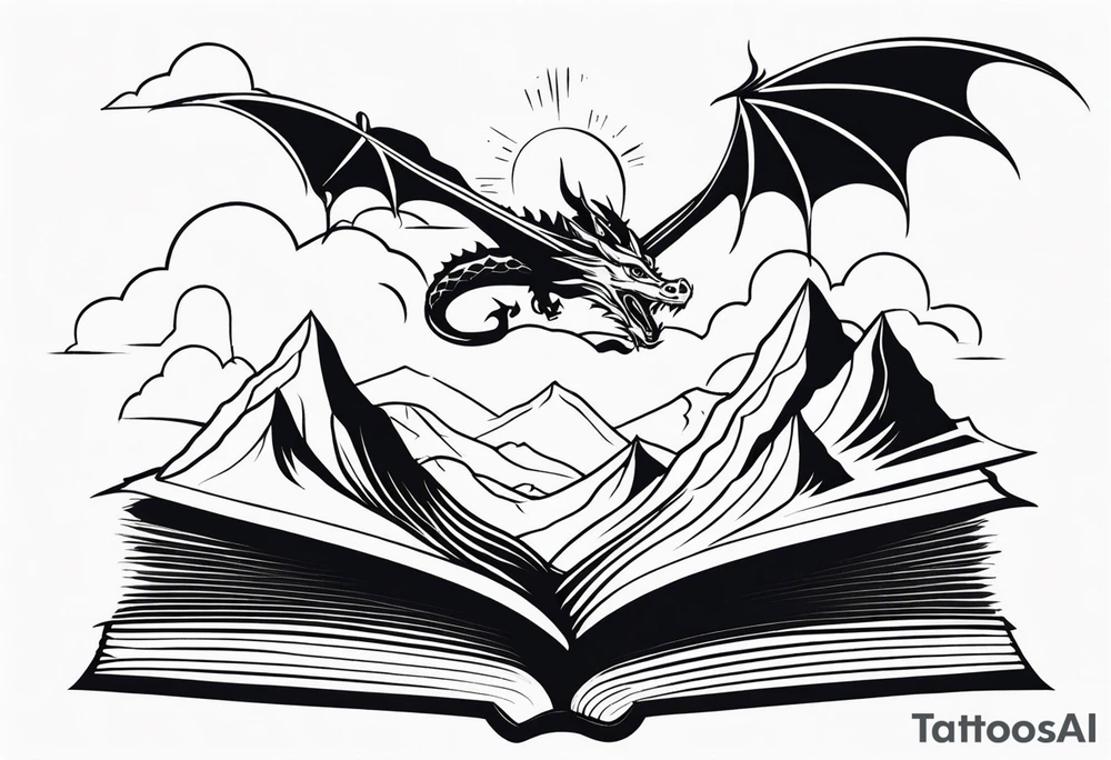 an open fairy book. a dragon with scales and four legs flying in the sky. three mountain peaks tattoo idea