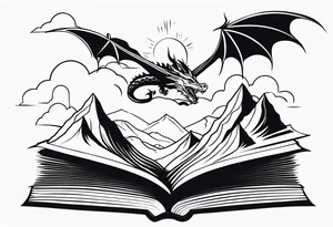 an open fairy book. a dragon with scales and four legs flying in the sky. three mountain peaks tattoo idea