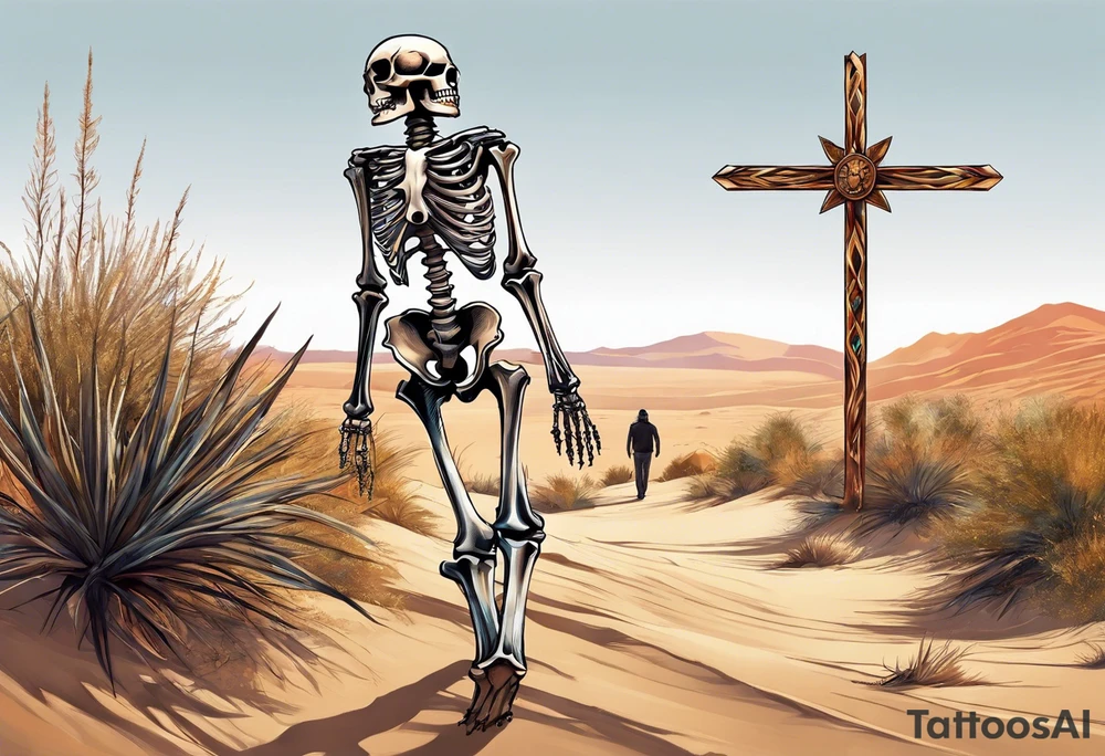 skeleton walking towards a cross in a desert tattoo idea