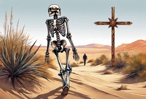 skeleton walking towards a cross in a desert tattoo idea