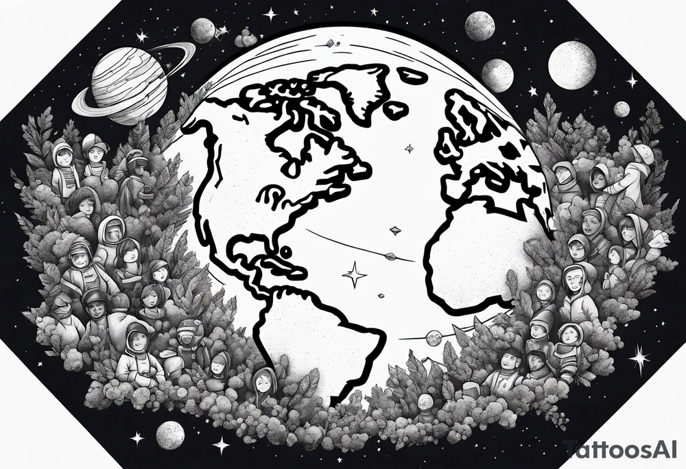 Crowd popping out from earth in space tattoo idea