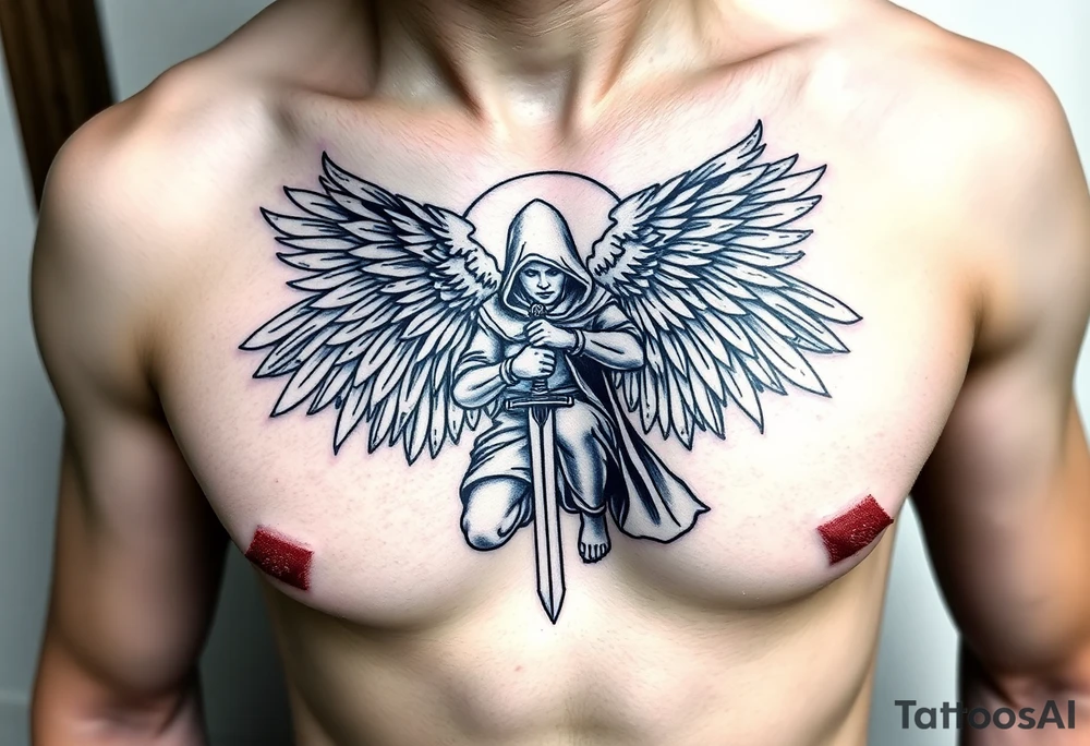 Warrior Angel with long sword  kneeling looking down cloak over head wings
 spread tattoo idea