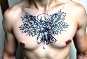Warrior Angel with long sword  kneeling looking down cloak over head wings
 spread tattoo idea