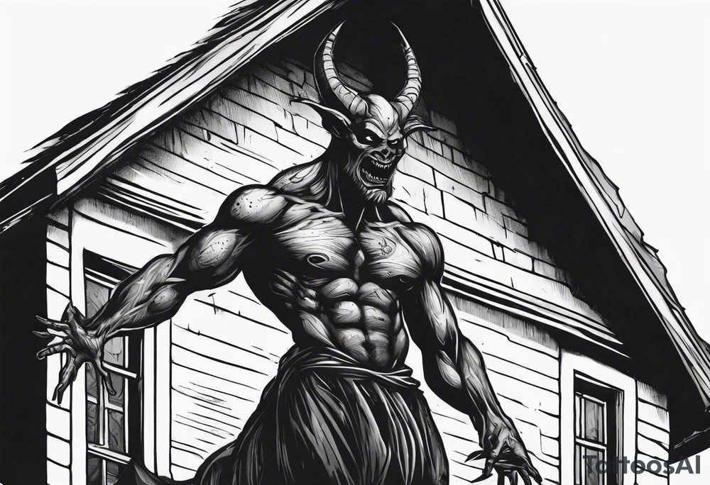 a black demonic figure lifting the roof, peering out into the surroundings with an ominous presence. tattoo idea