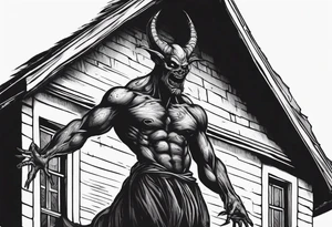 a black demonic figure lifting the roof, peering out into the surroundings with an ominous presence. tattoo idea