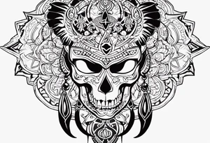 kali ma, alien goddess, valkrye, aries, cosmic pirate, divine feminine, zenza resonance, pachamama, lotus azul, blank panther, eagle, skull, 5D, nueva gaya, dna 12, left side chest tatoo tattoo idea
