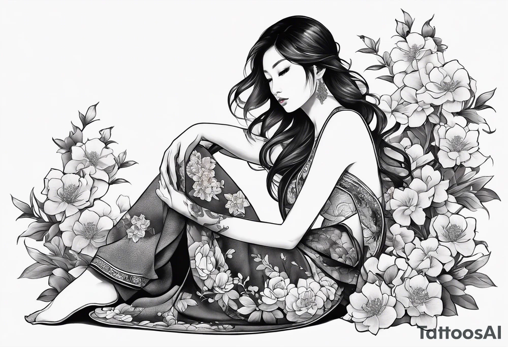 a profile of a girl sitting sideway, sitting on a asian snake surrounded by flowers tattoo idea