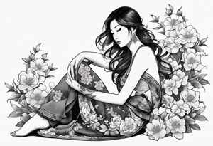 a profile of a girl sitting sideway, sitting on a asian snake surrounded by flowers tattoo idea