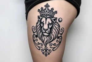 majestic lion wearing ornate crown, surrounded by baroque flourishes tattoo idea