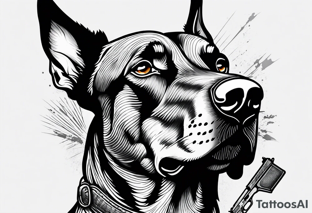 Doberman holding a gun tattoo idea