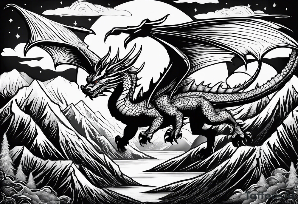 A large open book. a dragon with scales and four legs flying high in the sky. three mountains tattoo idea