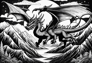A large open book. a dragon with scales and four legs flying high in the sky. three mountains tattoo idea