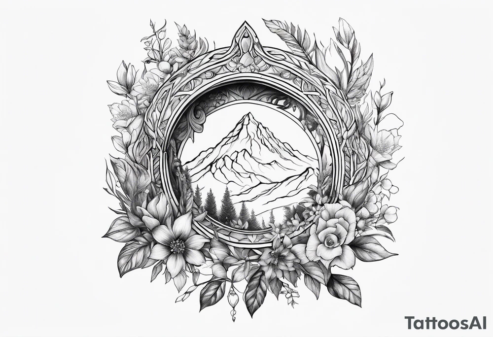 Lord of the rings with floral design tattoo idea