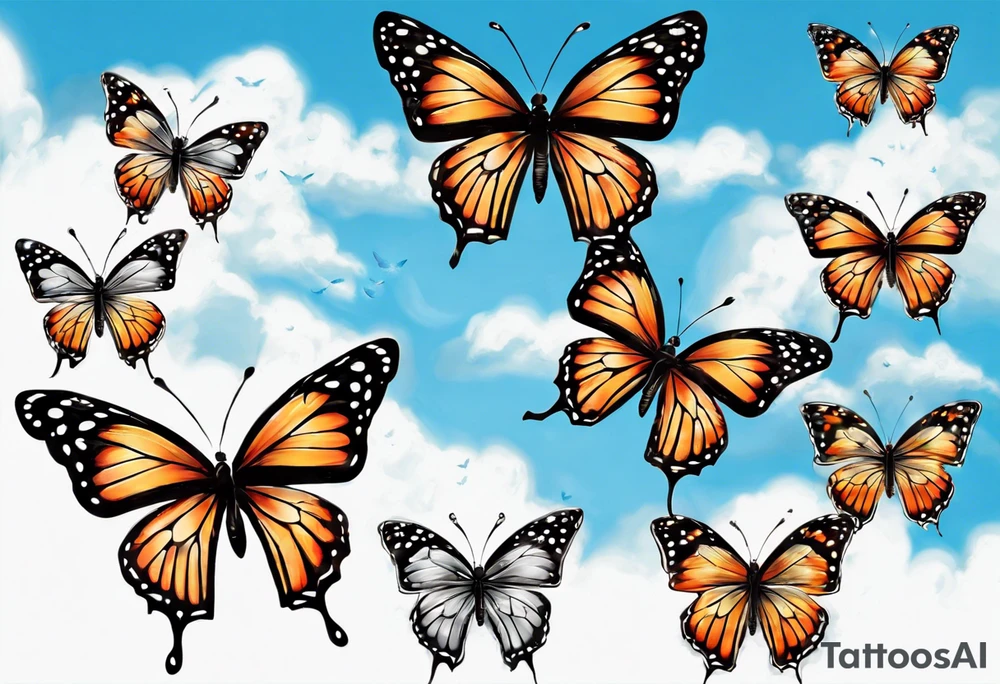 5 butterfly’s dad butterfly, with initial E. O mom butterfly with initial L. O daughter butterfly initial M 2nd daughter with initial M son butterfly initial R.o background the sky beautiful sky colors and grassy area. tattoo idea