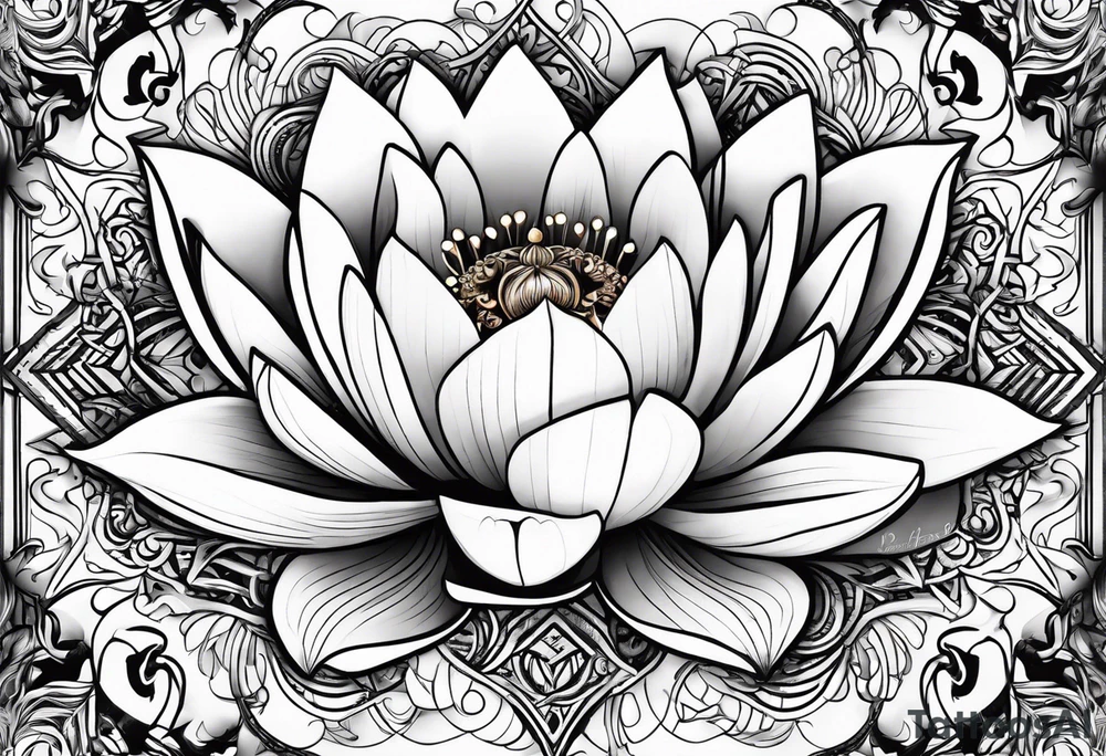 Lotus flower with fire and Aries symbol tattoo idea