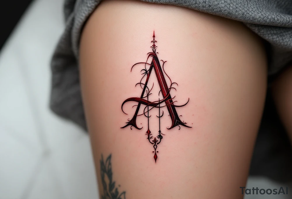 A bold gothic-style "A" in deep crimson with dark shadowing. tattoo idea
