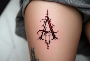 A bold gothic-style "A" in deep crimson with dark shadowing. tattoo idea