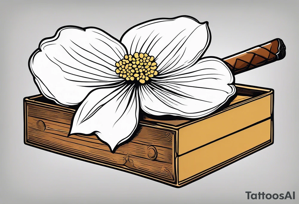 A simple vintage cigar box with a dogwood flower next to it as well as a lit cigar tattoo idea