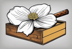 A simple vintage cigar box with a dogwood flower next to it as well as a lit cigar tattoo idea