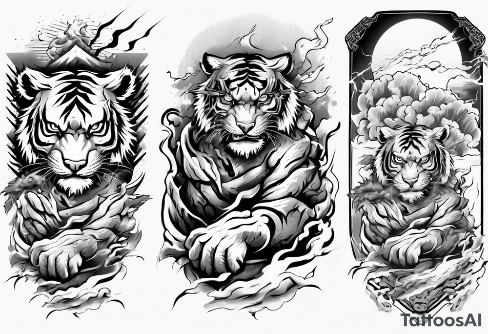 Tiger warrior with lightning and the sun for a forearm sleeve tattoo idea