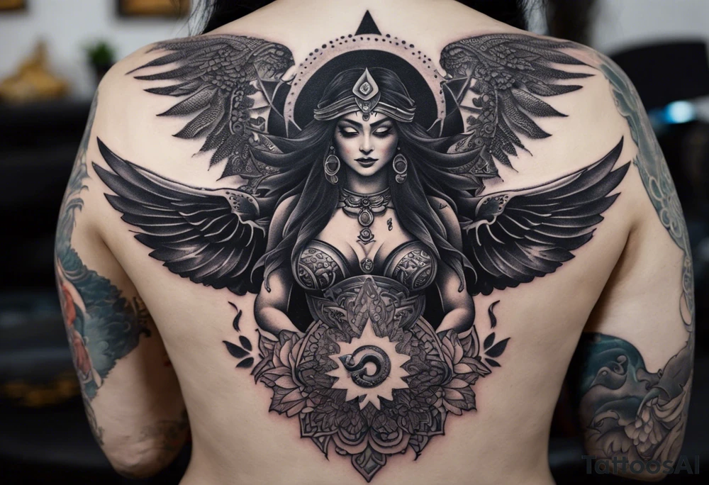 black kali, goddess pirate, alien, angel, pachamama, valkrye, warrior, flying, skull, lotus azul, wing, eagle, zenza resonance, stars, 5D, anahata chakra, death, durga, riding on a tiger, flying lady, kundalini, chest tatoo, rebel tattoo idea