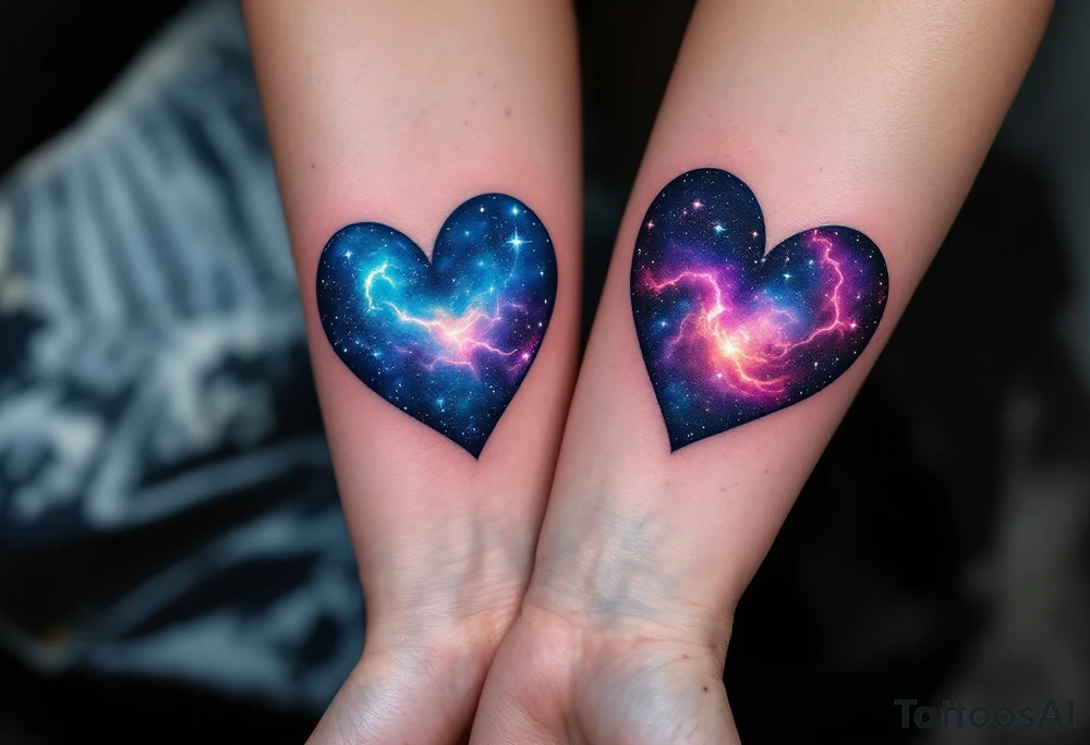Blue and purple galaxy hearts matching across both upperarms, symbolizing cosmic connection. tattoo idea