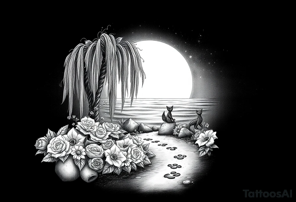 Sunset galaxy. Rocky Dark Ocean.  fairies, mermiads, dragons  weeping willow garden with roses and lilies flower beds,,  cat paw prints path in dirt. tattoo idea