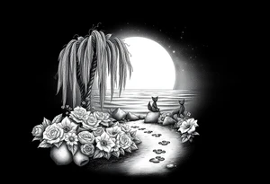 Sunset galaxy. Rocky Dark Ocean.  fairies, mermiads, dragons  weeping willow garden with roses and lilies flower beds,,  cat paw prints path in dirt. tattoo idea