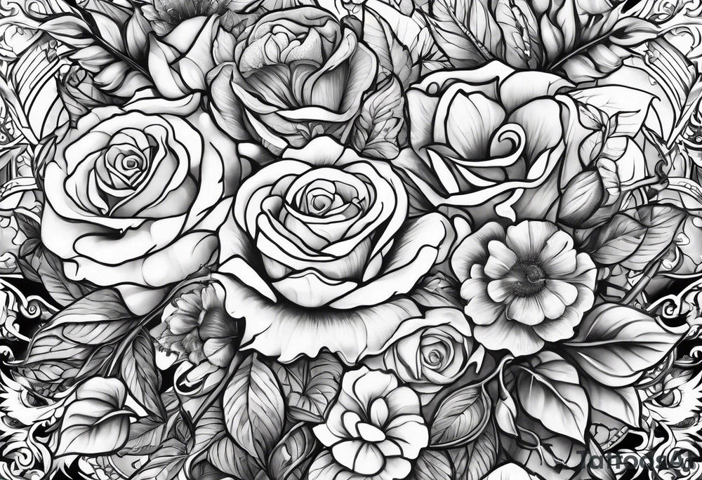 Tattoo thigh peice with Roses and flowers With nursing and hunting and cows and bulls and fishing and love and church. tattoo idea