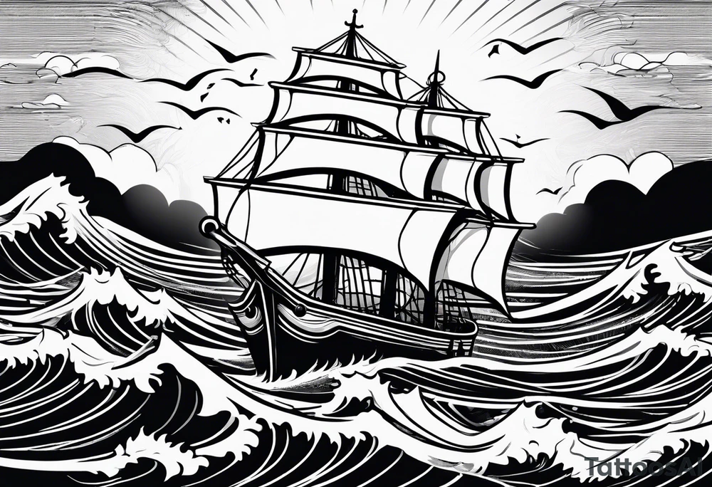 a ship anchor with a large S through the anchor and angle wings on the left and right side. ocean waves in the background tattoo idea