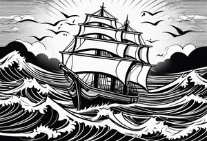 a ship anchor with a large S through the anchor and angle wings on the left and right side. ocean waves in the background tattoo idea