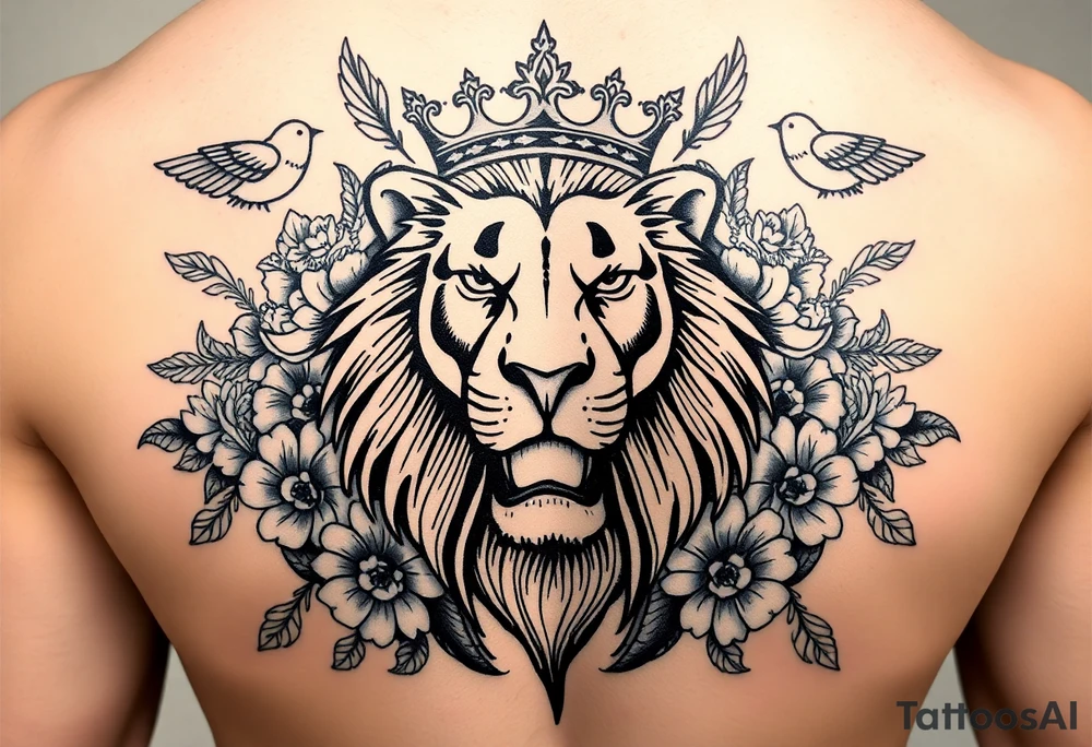 powerful majestic lion with a crown, surrounded by floral ornaments and birds tattoo idea