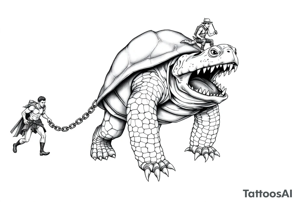 A giant walking 2 slaves on a chain leash an angry turtle with huge teeth with a little man riding on his back tattoo idea